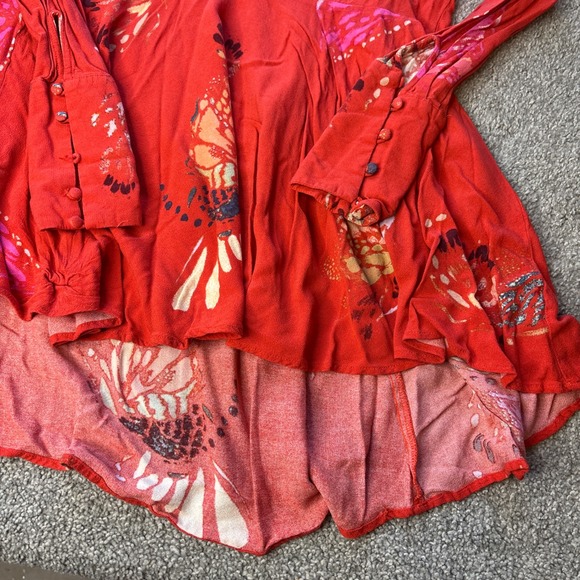 Free People tunic top womens small Red orange Butterfly Print High Low Boho - Picture 3 of 13